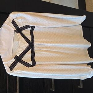 LOFT White Blouse with Black Trim & Dots XS